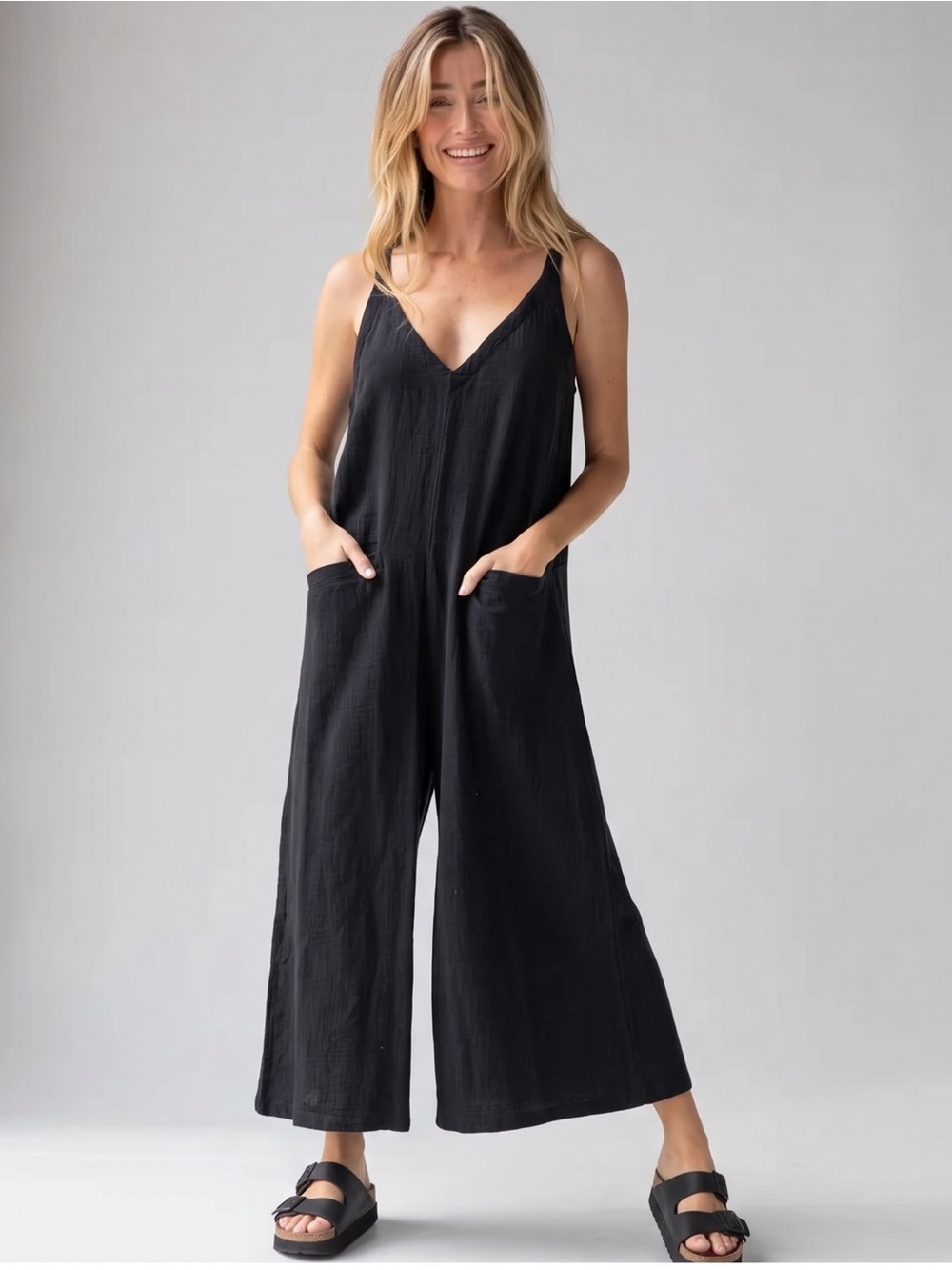 Natural Life Chelsea Wide Leg Jumpsuit Overalls Sz S Cotton Gauze Boho Black